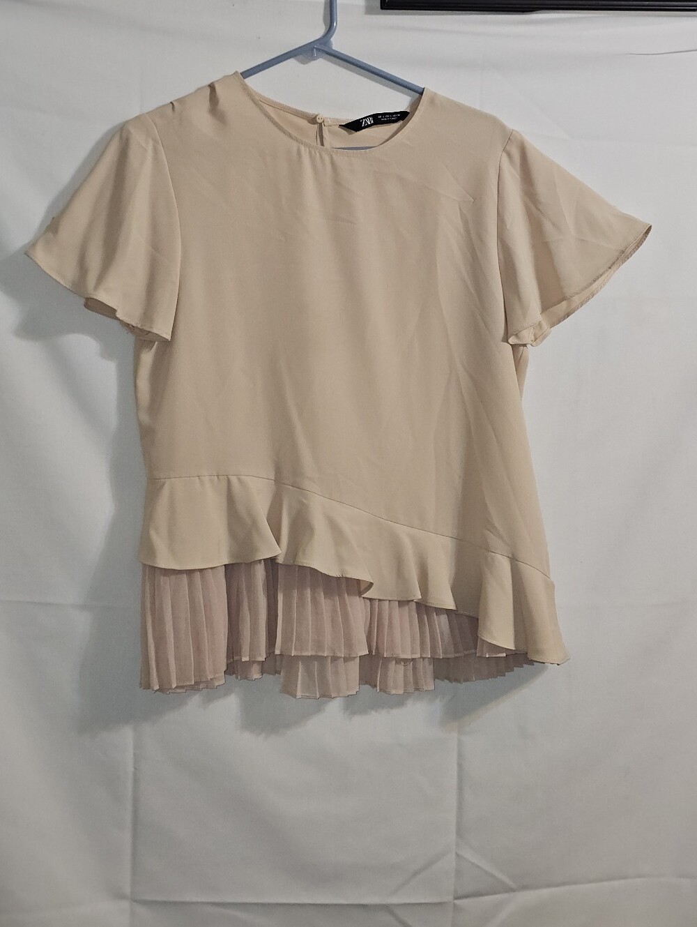 Zara Blush Pink Short Sleeve Top Asymmetrical Ruffle Pleated Size L - Picture 5 of 10